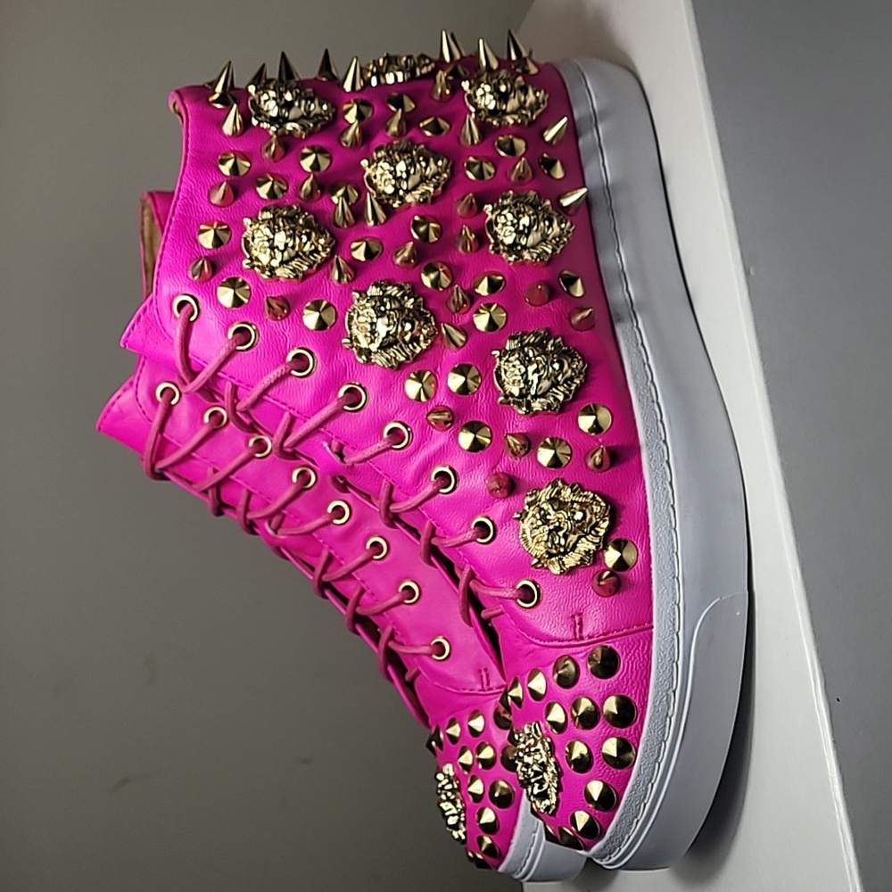 Christopher Campbell Adam Lion fuchsia studded high top sneakers (NWOT) size 8M